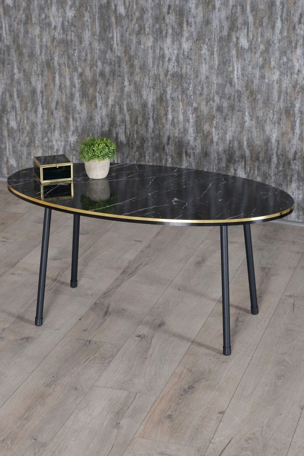 Zigon Sehpa Ve Orta Sehpa Elips Set Siyah Metal Ayak Çift Altın Bendir