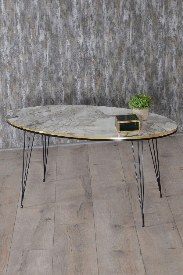 Zigon Sehpa Ve Orta Sehpa Elips Set Siyah Tel Ayak Çift Altın Efes