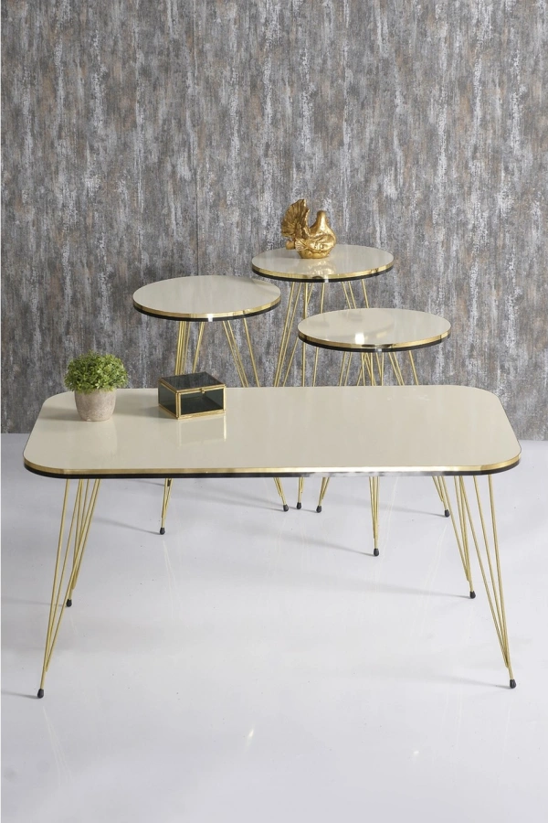 Zigon Sehpa Ve Orta Sehpa Kr Set Çift Gold Krem Tel Ayak