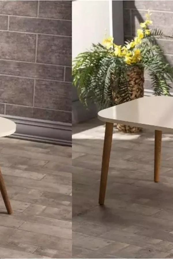 Zigon Sehpa Ve Orta Sehpa Set Ahşap Kr Torna Krem