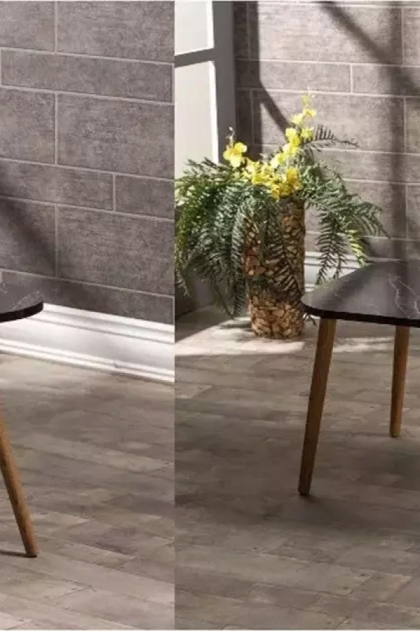 Zigon Sehpa Ve Orta Sehpa Set Ahşap Kr Torna Siyah Mermer Desen