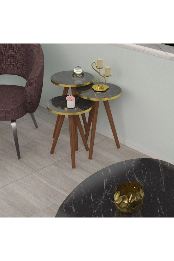 Zigon Sehpa Ve Orta Sehpa Set Ahşap Torna Elips ALTIN Siyah Mermer Desen