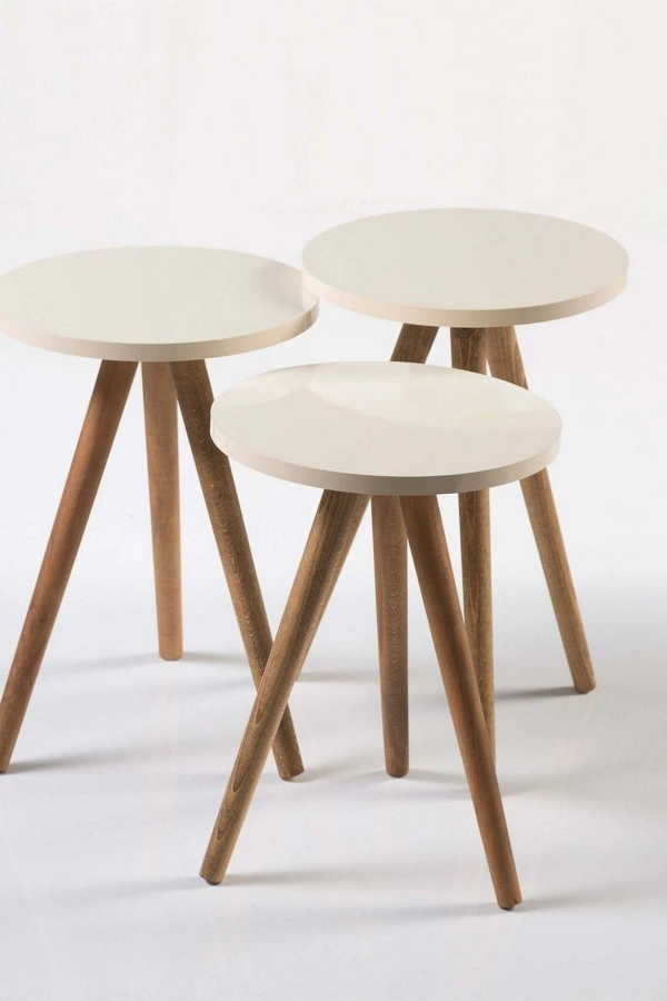 Zigon Sehpa Ve Orta Sehpa Set Ahşap Torna Elips Krem