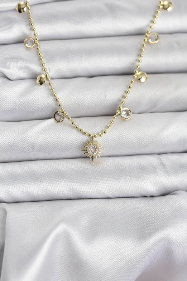Zirkon Taşlı Kutup Yıldızı Model Pirinç Gold Renk Kadın Kolye