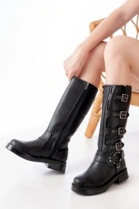 02-346 Siyah Düz Topuklu Günlük Bayan Binici Çizme