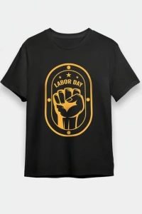 1 Mayıs Labor Day Emekçi Temalı Baskılı Oversize Bisiklet Yaka T-shirt - Siyah