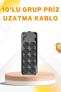 10’lu Çoklu Priz Termal Korumalı USB Type-C Çıkışlı 2500W Uzatma Kablosu