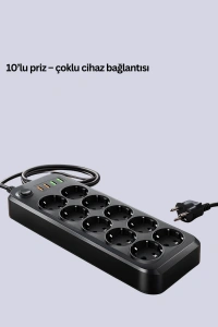 10’lu Çoklu Priz Termal Korumalı USB Type-C Çıkışlı 2500W Uzatma Kablosu