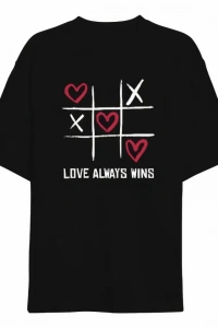 14 Şubat Sevgililer Günü Love Always Wins Baskılı Oversize Bisiklet Yaka T-shirt - Siyah