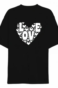 14 Şubat Sevgililer Günü Love Kalp Baskılı Oversize Bisiklet Yaka T-shirt - Siyah