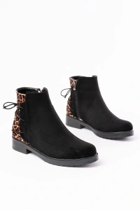 165-209 Siyah Leopar Arka Bağcık Aksesuarlı Fermuarlı Günlük Kadın Bot