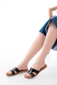 169-6100 Siyah Ortopedik Hakiki Deri Kadın Terlik