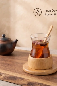 18 Parça Bambu Çay Seti - 6 Çay Bardağı - Borosilikat Cam