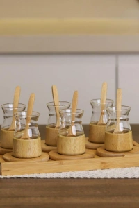 18 Parça Bambu Çay Seti - 6 Çay Bardağı - Borosilikat Cam