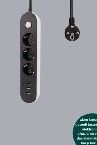 2 Metre Kablolu 3 USB Portlu Anahtarlı Üçlü Priz