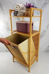 2 Organizer Raflı Ahşap Bambu Çek-Aç Kirli Sepeti