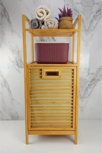 2 Organizer Raflı Ahşap Bambu Çek-Aç Kirli Sepeti