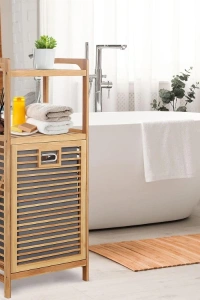 2 Organizer Raflı Ahşap Bambu Çek-Aç Kirli Sepeti