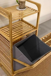 2 Organizer Raflı Ahşap Bambu Çek-Aç Kirli Sepeti