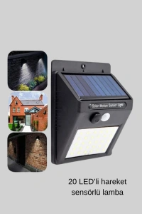 20 LED Güneş Paneli Aydınlatma – Fotoselli ve Hareket Algılamalı Dış Mekan Duvar Lambası