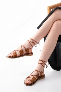 205-01 Taba Bilekten Bağlamalı Ortopedik Hakiki Deri Kadın Sandalet