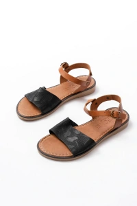205-012 Siyah Ortopedik Hakiki Deri Kadın Sandalet