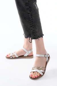 205-015 Beyaz Garni Ortopedik Hakiki Deri Kadın Sandalet