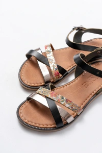 205-015 Siyah Garni Ortopedik Hakiki Deri  Kadın Sandalet