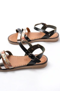 205-015 Siyah Garni Ortopedik Hakiki Deri  Kadın Sandalet