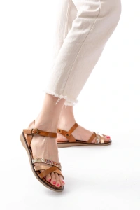 205-015 Taba Garni Ortopedik Hakiki Deri Kadın Sandalet