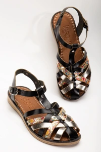 205-02 Siyah Garni Ortopedik Hakiki Deri Kadın Sandalet