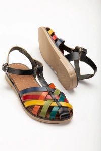 205-02 Siyah Multi Ortopedik Hakiki Deri Kadın Sandalet