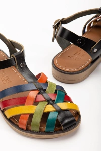 205-02 Siyah Multi Ortopedik Hakiki Deri Kadın Sandalet