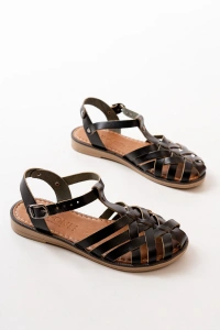 205-02 Siyah Ortopedik Hakiki Deri Kadın Sandalet