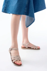 205-030 Bej Hakiki Deri Ortopedik Taban Kadın Sandalet