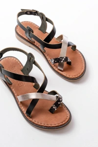 205-08 Siyah Garni  Ortopedik Hakiki Deri Kadın Sandalet