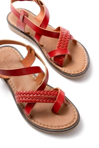 205-09 Kırmızı Ortopedik Hakiki Deri Kadın Sandalet