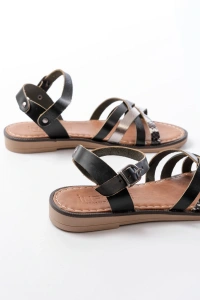 205-093 Siyah Garni Hakiki Deri Ortopedik Taban Kadın Sandalet