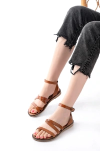 205-209 Taba  Hakiki Deri Tokalı Parmak Arası Kadın Sandalet