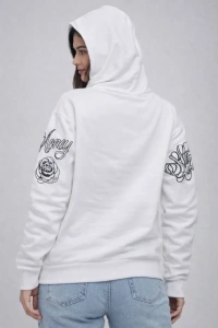 3 İplik Pamuklu Kapüşonlu Baskılı SweatShirt Hoodie - Beyaz