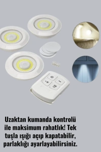 3 Lü Pilli Kablosuz Led Spot Lamba Seti Kumandalı Kolay Montaj Aydınlatma