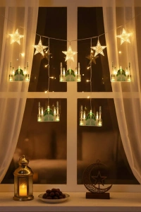 3 mt Fişli Yeşil Cami Yıldız Ramazan Perde LED