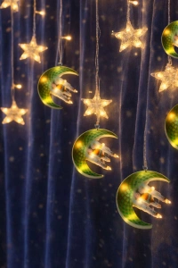 3 mt Fişli Yeşil Hilal Cami Yıldız Ramazan Perde LED