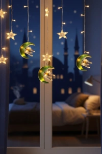 3 mt Fişli Yeşil Hilal Cami Yıldız Ramazan Perde LED