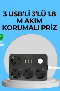 3 USB Çıkışlı 4’lü Akıllı Priz 2500W 2 Metre Kablo