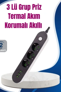 3 USB Çıkışlı Hızlı Şarjlı Anahtarlı Üçlü Priz