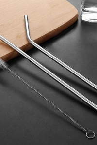 31 cm Ekstra Uzun Paslanmaz Çelik Pipet Seti – 3 Parça (Eğri + Düz + Fırça)