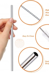 31 cm Ekstra Uzun Paslanmaz Çelik Pipet Seti – 3 Parça (Eğri + Düz + Fırça)