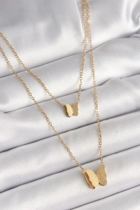 316L Çelik Gold Renk 2Li Simli Kelebek Model Kadın Kolye