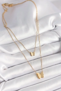 316L Çelik Gold Renk 2Li Simli Kelebek Model Kadın Kolye